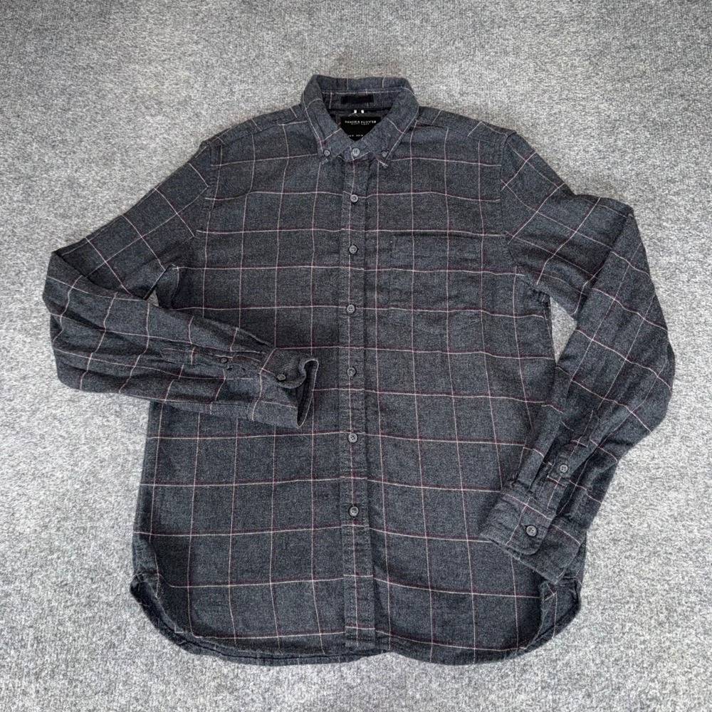 Denim & Flower Ricky Singh Mens Gray Windowpane Plaid Flannel Shirt Medium